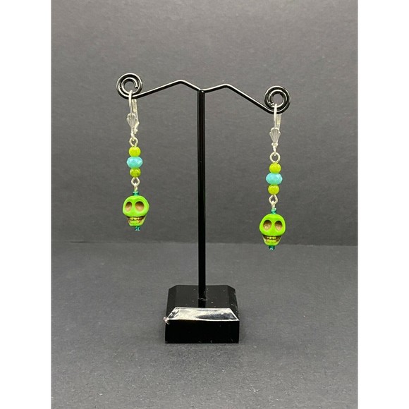 Green Skull & Aqua Bead Earrings by Neanie-Bot Handmade Jewelry Creations - Picture 2 of 2